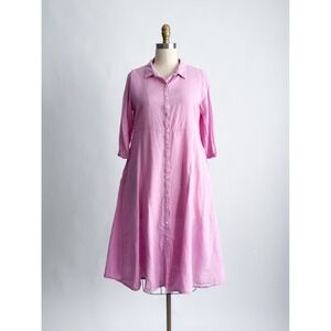 Max Shirt Dress Boho Gauze Midi M Pink Button Front 3/4 Sleeve Cotton Relaxed